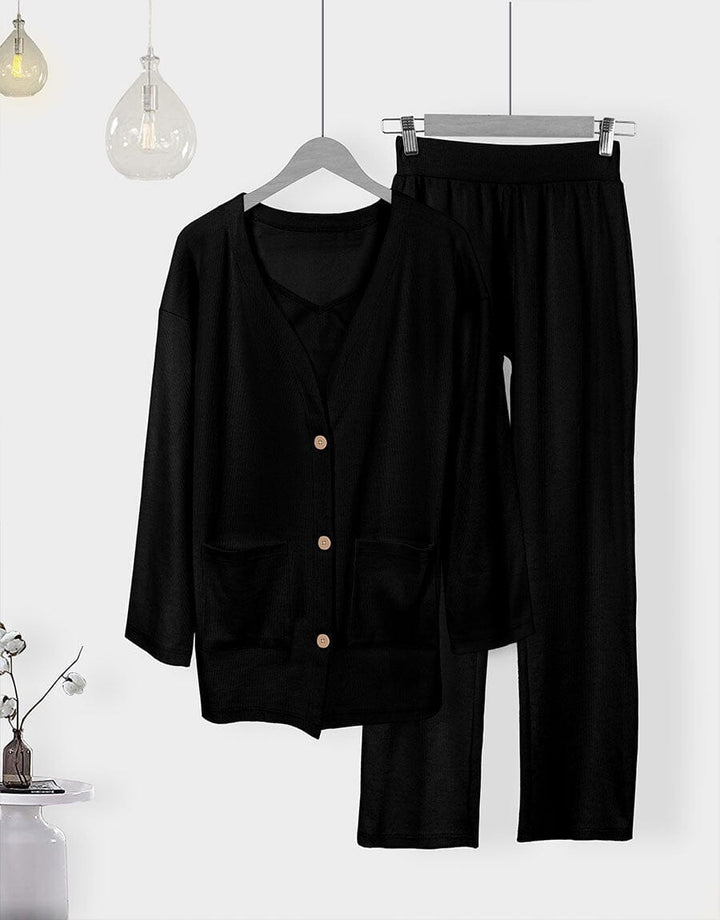 Super Soft Loungewear 3 PC with Open Shirt Cosy Rib - Acid Black Women 3 PC Loungewear Sadaqat Textile Acid Black S 