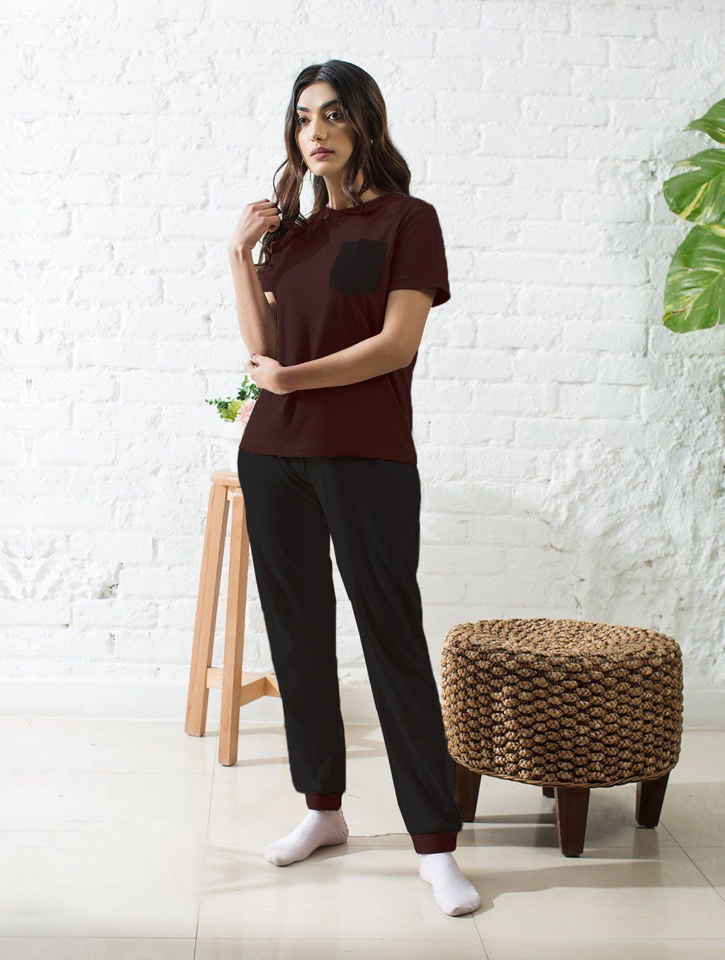 Ladies Burgundy Black Loungewear LW 006